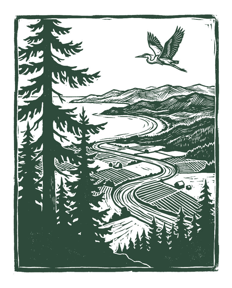 Linocut-style illustration of the Cowichan Valley: a river winding through farm fields to the sea, framed by firs, with a heron overhead